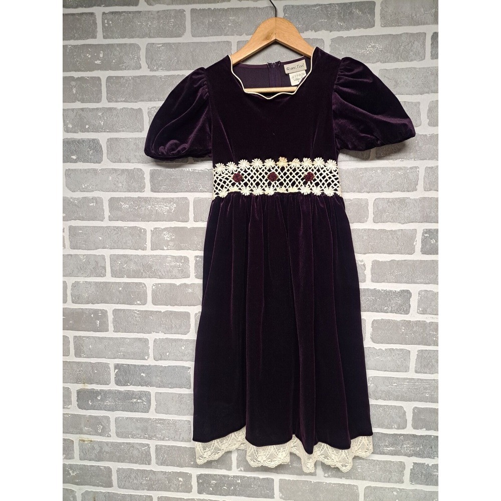 Rare Too Kids Vintage Purple Lace Floral Puff Sleeve Party Dress Size‎ 8